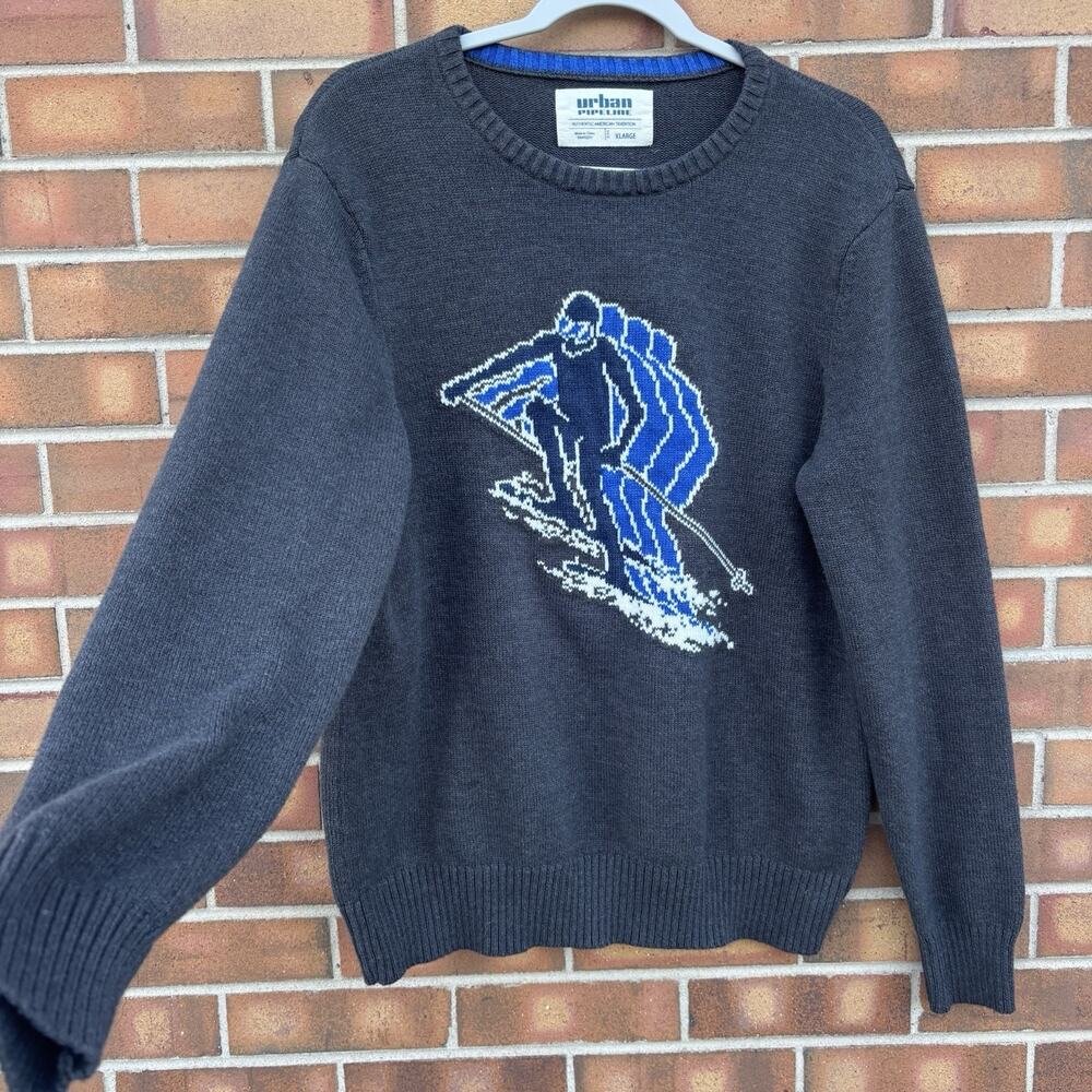 Urban Pipeline Mens XL Skier Sweater Knit Crew Gray Blue